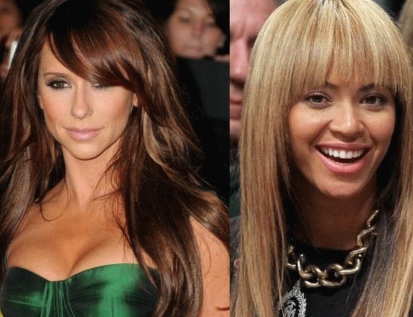 Flequillo liso e inclinado sobre el cabello largo